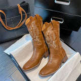 Women Mid Calf Boots Rose Embroidery Leather