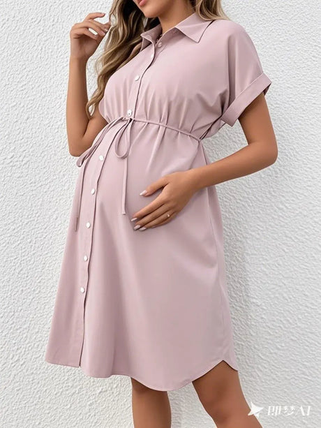 Casual summer maternity dress featuring a turn-down collar and adjustable waist, perfect for expectant mothers.