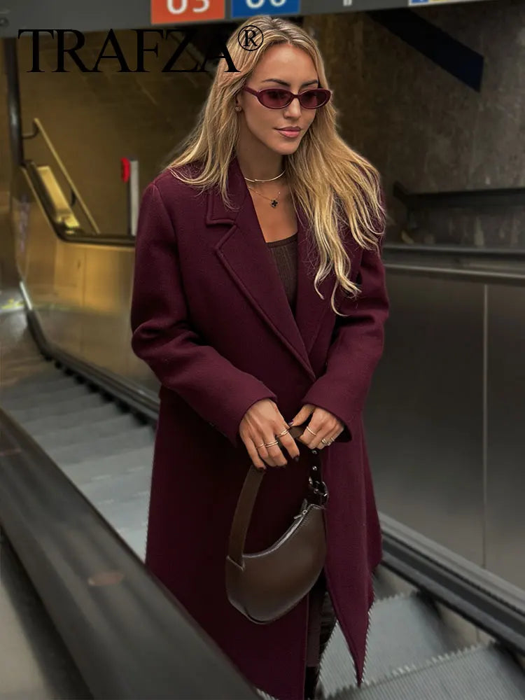 Burgundy Woolen Double Breasted Winter Coat