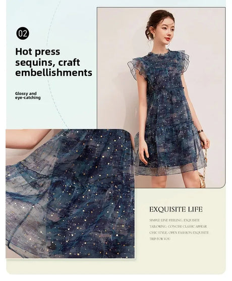 LOUIS YAO Sparkling Dress featuring hot press sequins and flounced edge for a glossy summer outfit.
