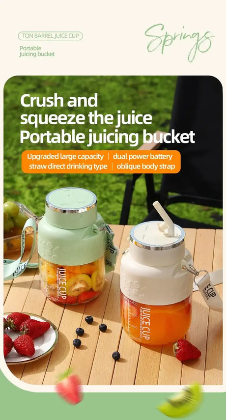 Wireless portable juicing bucket with large capacity, dual battery, and stylish design on display outdoors.
