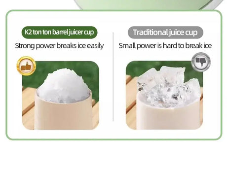 Comparison of K2 ton barrel juicer cup with powerful ice-breaking capability vs traditional juice cup with limited power.