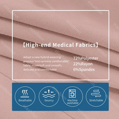 Close-up of high-end medical fabric showing 72% polyester, 22% rayon, and 6% spandex, highlighting its breathable and stretchable qualities.