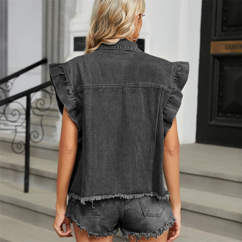 Women’s Leopard Print Washed Denim Vest