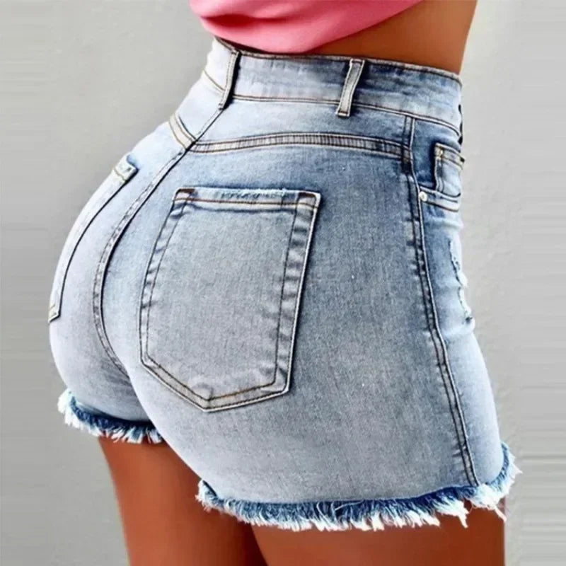 ColorTassel™ – Distressed Denim Hot Pants (Tassel-Trim, Multi-Color & Festival Vibe)