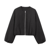Women Red Zipper Cropped Bomber Jacket