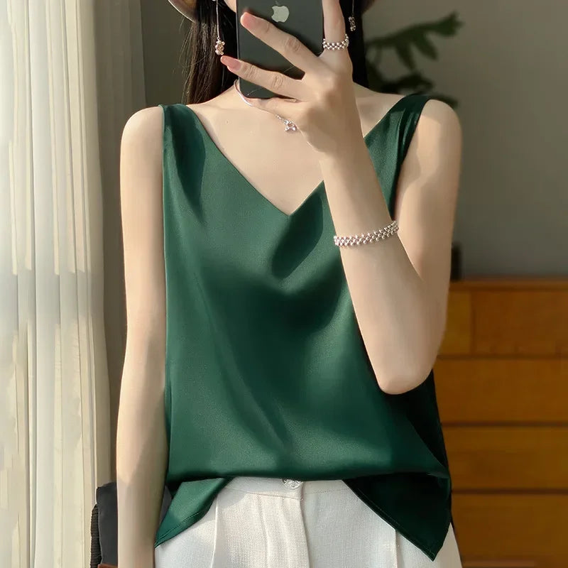 Ice Silk Satin V‑Neck Camisole Crop Top