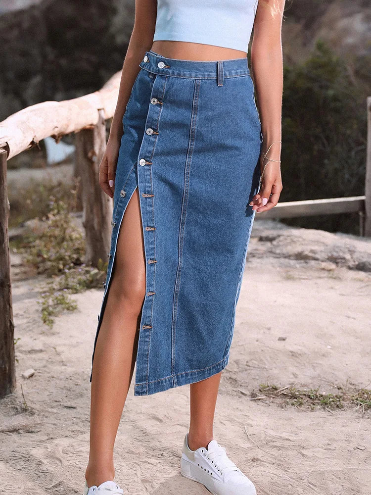 SpiceShape™ – Button Bodycon Denim Skirt (Autumn/Winter Streetwear)