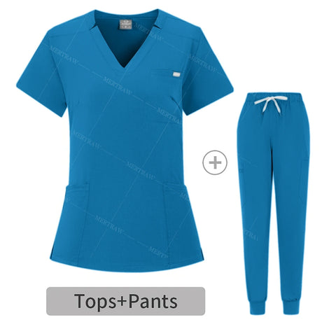 Summer breathable blue scrub set for women, featuring a top and pants, suitable for hospitals and beauty salons.