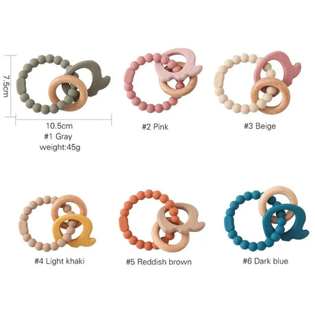 Colorful baby teether gloves featuring soft silicone and wood, ideal for soothing teething babies, suitable for ages 0-6Y.