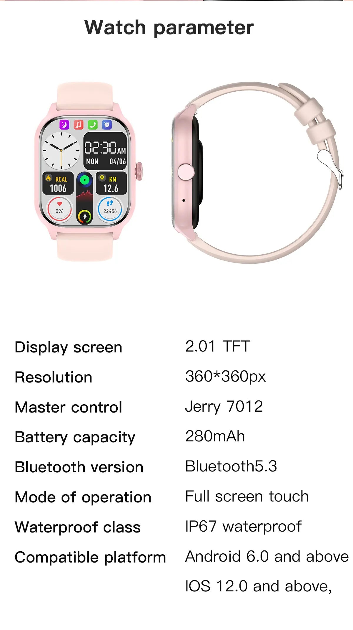 LEMFO LT10 Smart Watch 2024 showcasing display, features, and parameters with Bluetooth connectivity.