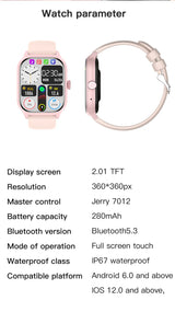 LEMFO LT10 Smart Watch 2024 showcasing display, features, and parameters with Bluetooth connectivity.