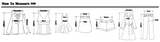 Illustration showing how to measure clothing sizes for bust, waist, hips, and other dimensions.