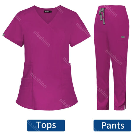 Solid color women's scrub set in pink, featuring a V-neck top with pockets and elastic waist pants.