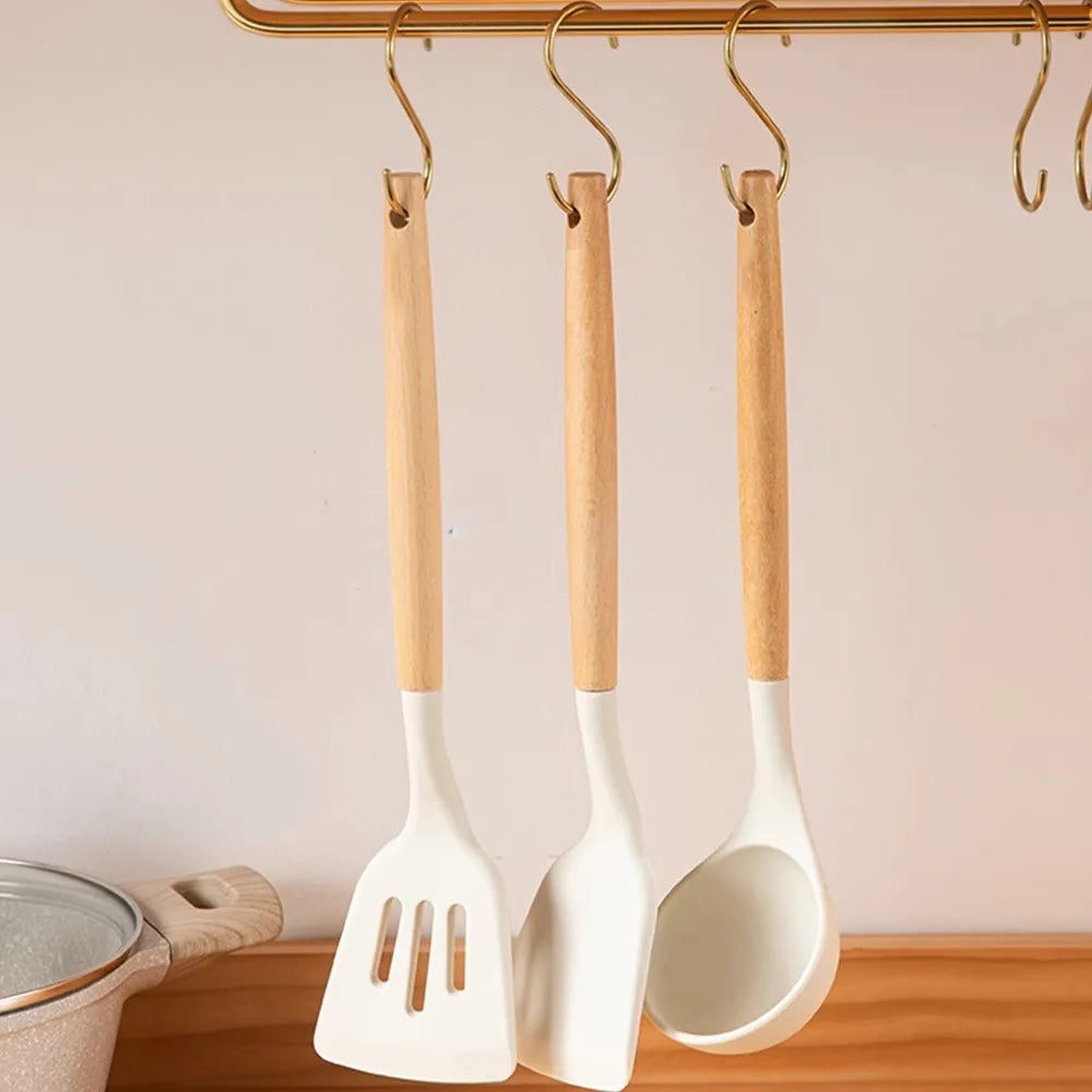 Silicone Cooking Utensil Set with Wooden Handle