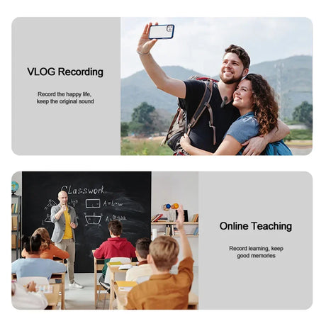 VLOG recording and online teaching images showcasing a couple recording a vlog and a teacher instructing students.