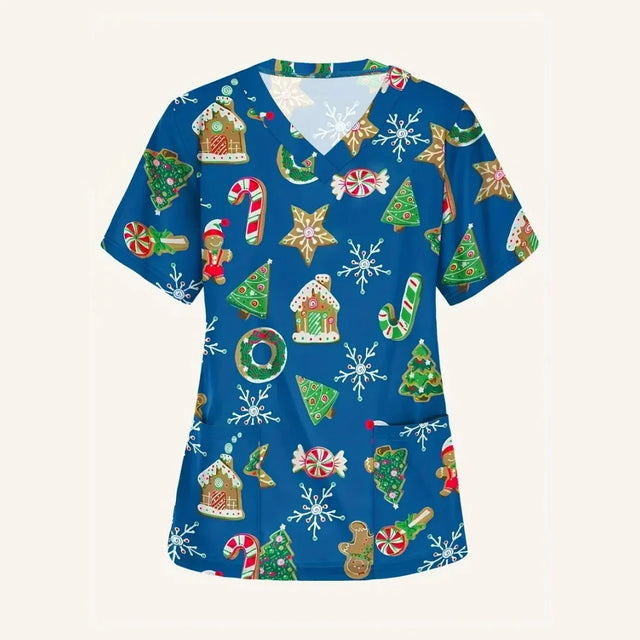 Christmas cartoon nurse scrubs with festive patterns in blue, featuring gingerbread houses, trees, and candy canes.