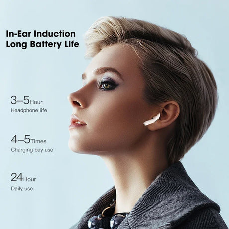 Model showcasing in-ear headphones emphasizing long battery life and wearability features.