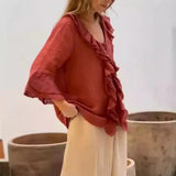 Women Ruffle Button Knit Cardigan