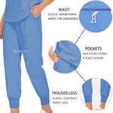 Elastic Medical Scrub Set features drawstring waist, multifunctional pockets, and elastic trouser legs in blue color.