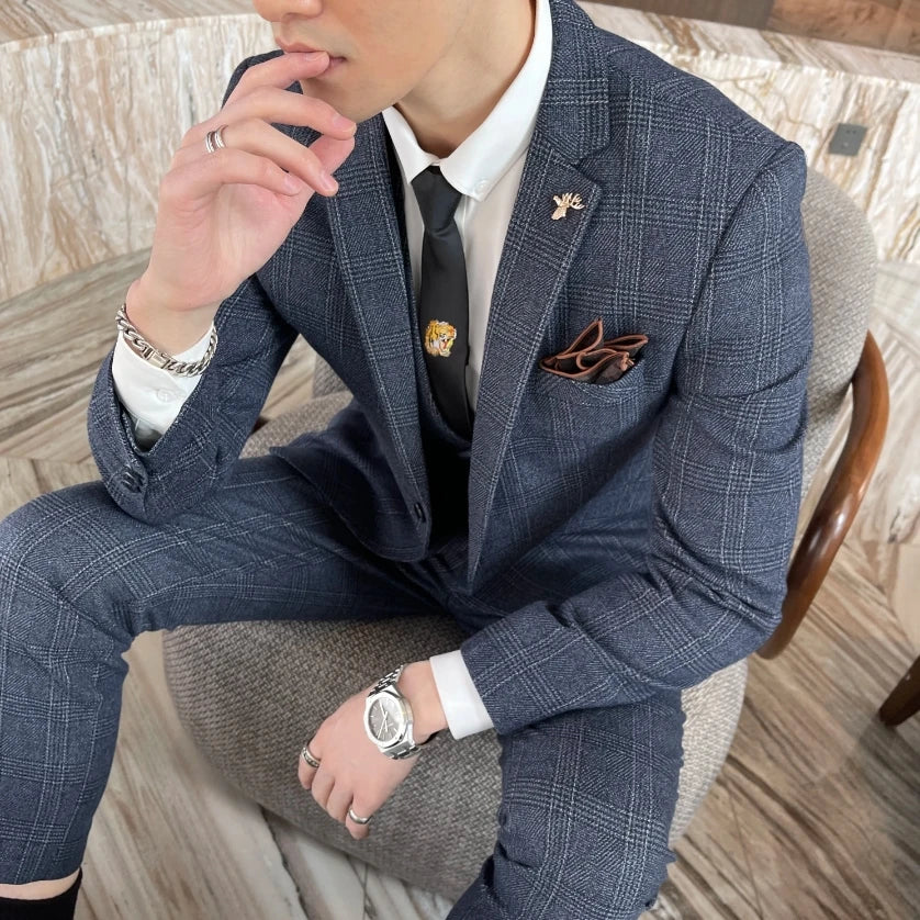 Men Plaid 3-Piece Business Suit