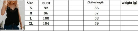 Size chart for SatéBelle™ elegant satin camisole showing bust measurements and clothing length for sizes S to XL.
