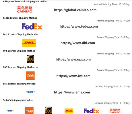 Shipping methods and times for AliExpress, FedEx, DHL, UPS, TNT, and EMS with respective links.