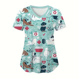 Cartoon animal scrubs for women featuring playful dog and cat designs, perfect for veterinary professionals.