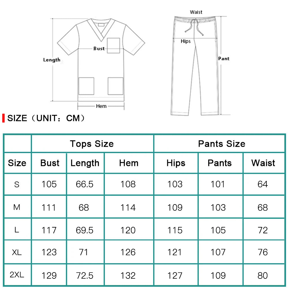 Size chart for elastic medical scrub set with dimensions for tops and pants in centimeters.