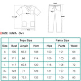 Size chart for elastic medical scrub set with dimensions for tops and pants in centimeters.