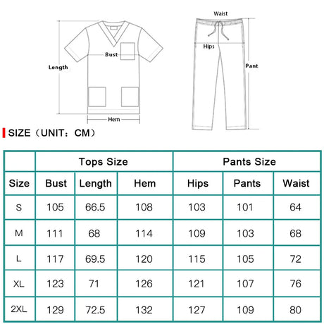 Size chart for elastic medical scrub set with dimensions for tops and pants in centimeters.