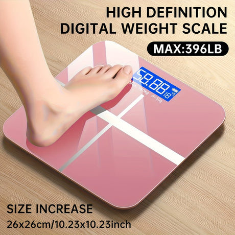 High definition digital weight scale with clear display, max weight 396 lbs, innovative design, and compact size.