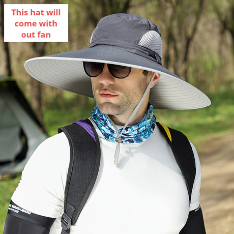 Men's sun hat with wide brim and solar fans, ideal for outdoor activities, featuring a sporty design and UV protection.