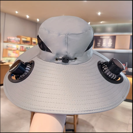 Grey Solar Dual Fan Anti-UV hat with dual fans and wide brim for sun protection and cooling.