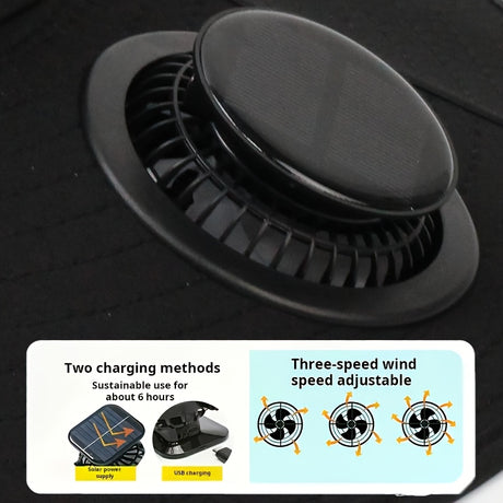 Close-up of Solar Fan Cap showing adjustable fan and charging methods, featuring USB charging and three-speed wind functionality.