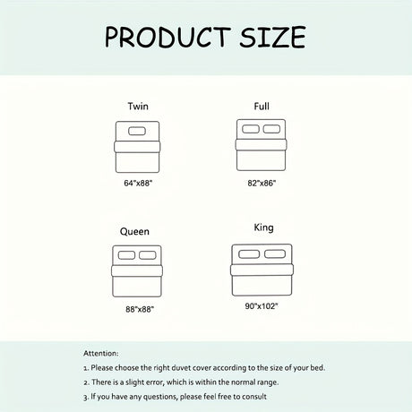 Size chart for duvet covers showing dimensions for Twin, Full, Queen, and King beds.