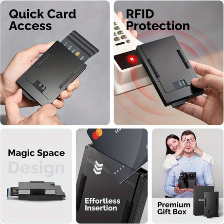 Men's wallet with magic card slot featuring quick access, RFID protection, and premium gift box, perfect for secure storage.