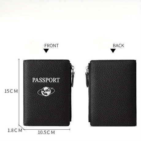 RFID passport holder, lightweight anti-theft wallet, zipped closure, PU material, dimensions 15cm x 10.5cm x 1.8cm.