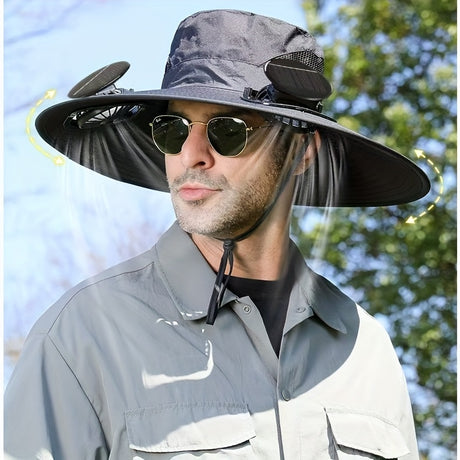 Man wearing a grey solar dual fan anti-UV hat with sunglasses, showcasing cooling fans for outdoor use.
