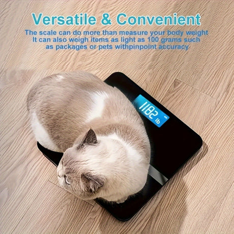 Electronic scale measuring a cat's weight, showcasing its versatility for pets and packages with precise readings.