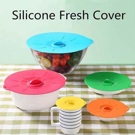 Colorful silicone bowl lids for food storage, heat resistant, available in multiple sizes, perfect for keeping food fresh.