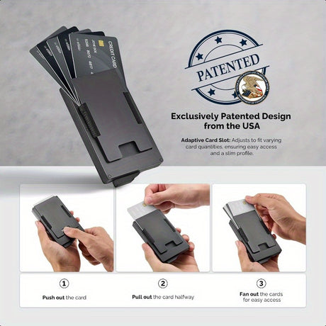 Men's aluminum wallet with patented magic card slot, demonstrating easy card access and slim design.