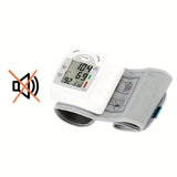 Automatic wrist blood pressure monitor with digital display, battery-powered, silent operation, designed for easy home use.