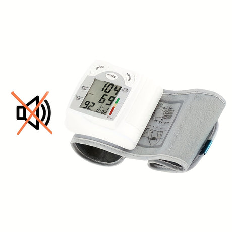 Automatic wrist blood pressure monitor with digital display, battery-powered, silent operation, designed for easy home use.