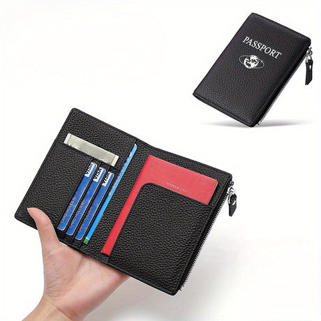 Lightweight RFID passport holder wallet opened, showcasing card slots and passport pocket, ideal for business travel.