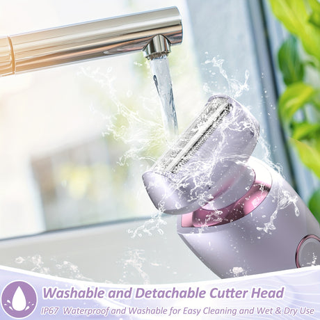 Rechargeable electric shaver for women under running water, showcasing its washable and detachable cutter head.