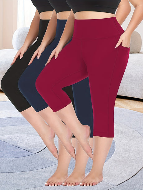 3pcs stretch polyester leggings in black, navy, and burgundy with pockets, perfect for spring, summer, and fall.