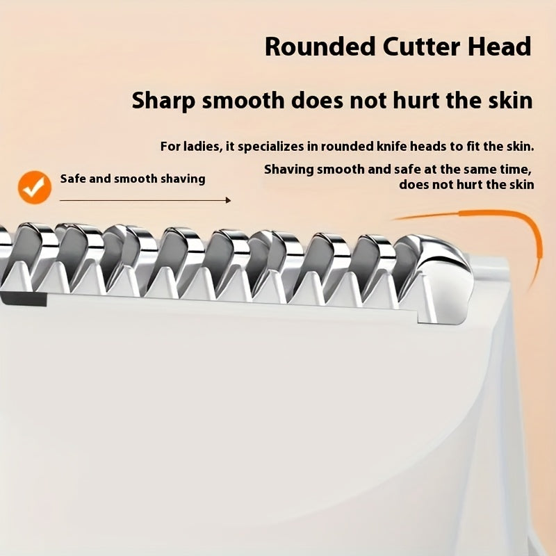 Rounded cutter head design for women's electric shaver, ensuring safe and smooth shaving without skin irritation.