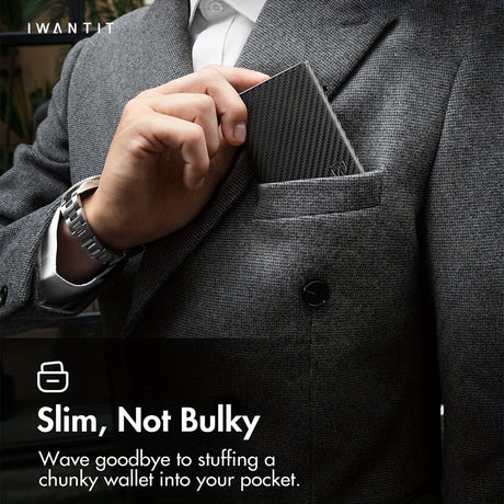 Men's minimalist leather wallet in a suit pocket, showcasing its slim design and RFID protection features.