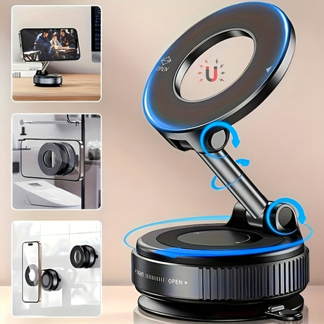 360° rotating magnetic phone holder, portable and foldable design, ideal for hands-free use and multipurpose mounting.